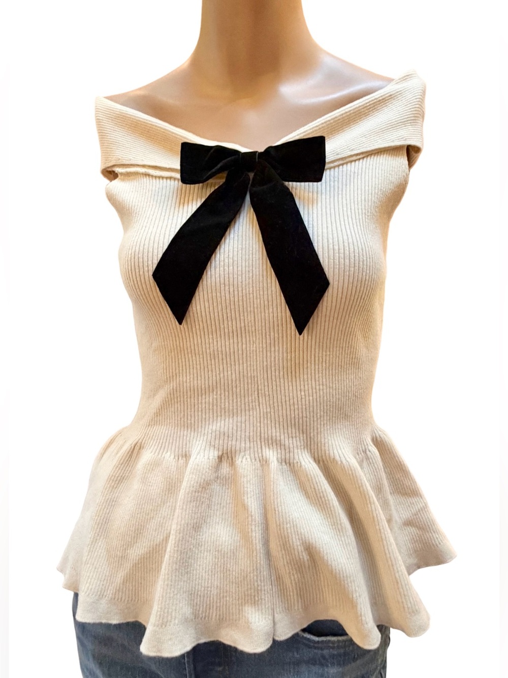 H&M Off-the-Shoulder Velvet Bow Peplum Knit Sleeveless Top NWT Small